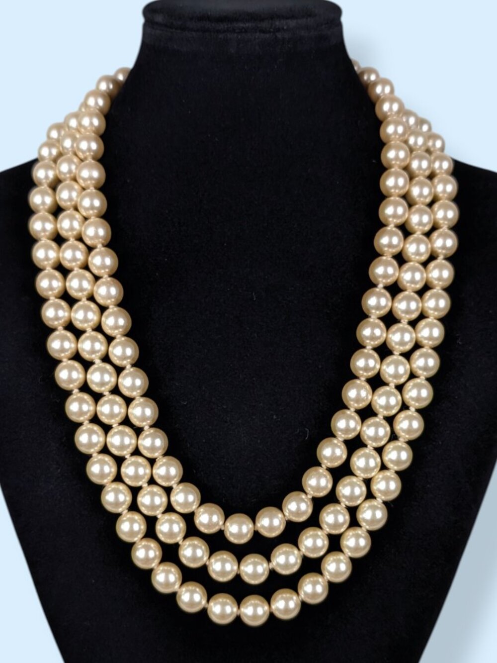 Vintage 3-Strand KJL 10mm White Lustrous Faux Pearl Statement Necklace